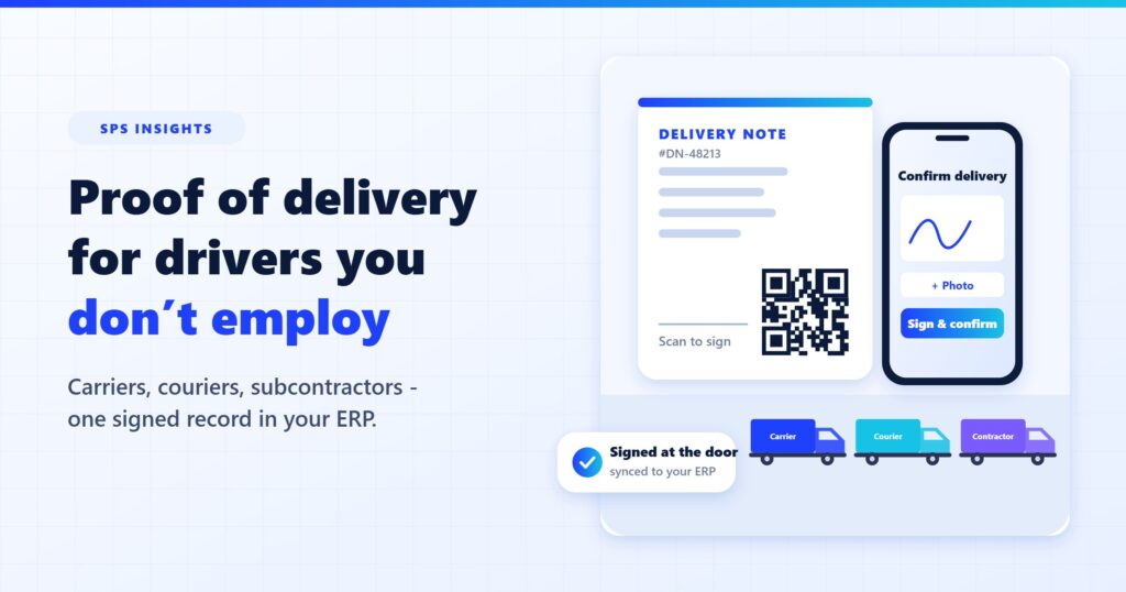 Proof of delivery for drivers you don’t employ: a delivery note with a QR code, the recipient’s phone and three kinds of carriers