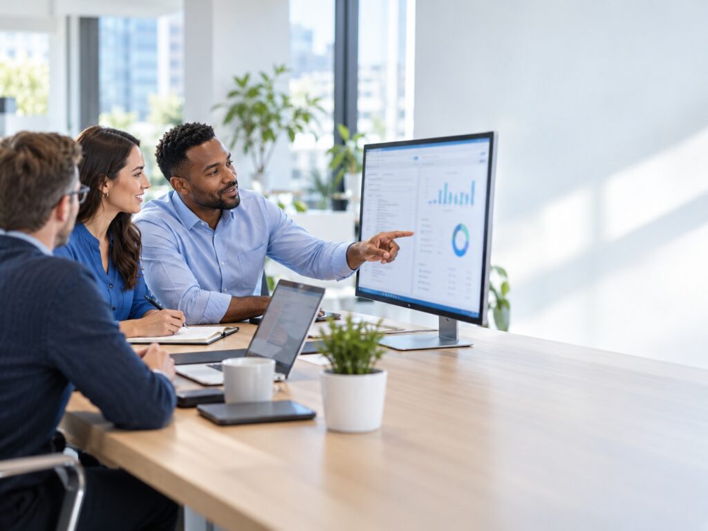 Partner consultants reviewing a customer workflow on a wall screen in a bright meeting room