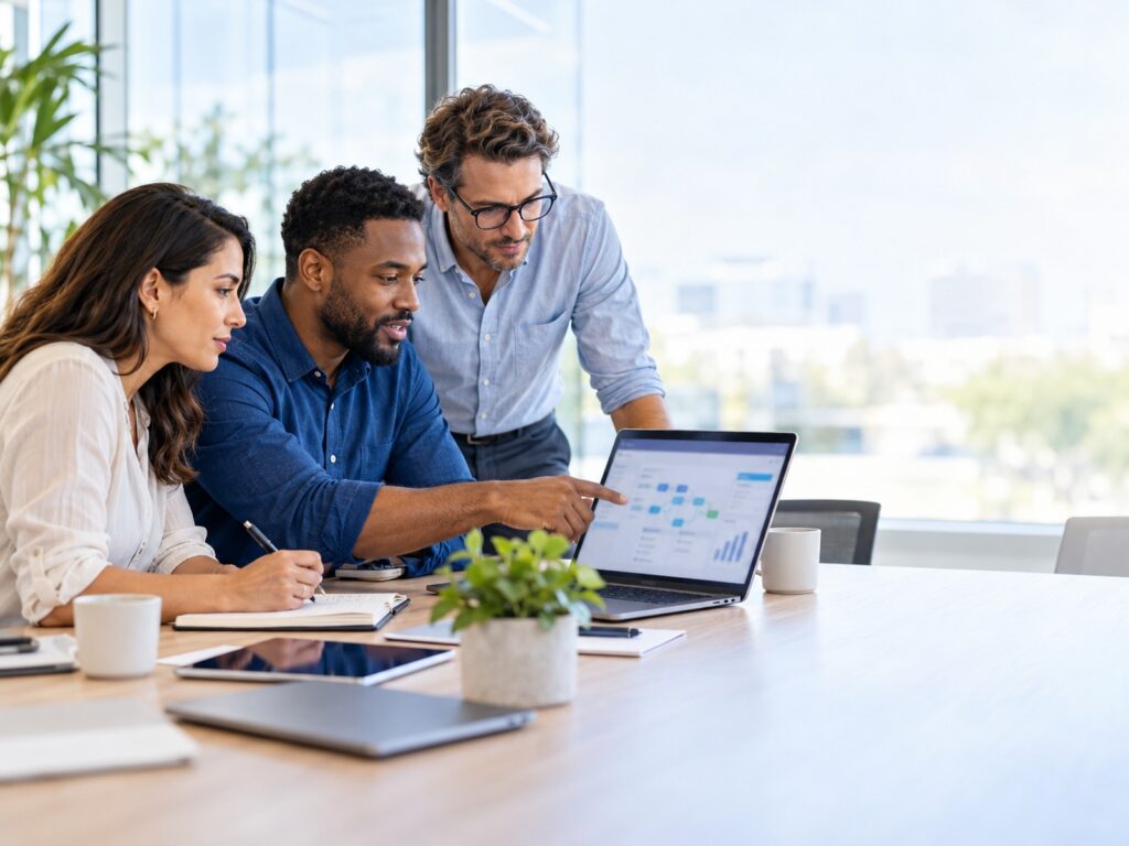 An ERP partner team and an SPS specialist planning a customer project together around a laptop