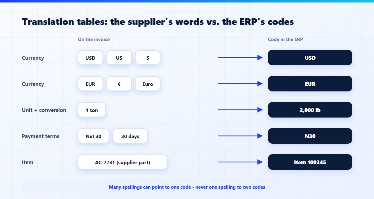 Translation tables turn the supplier's currencies, units, payment terms and part numbers into ERP codes, including unit conversion such as 1 ton to 2,000 lb