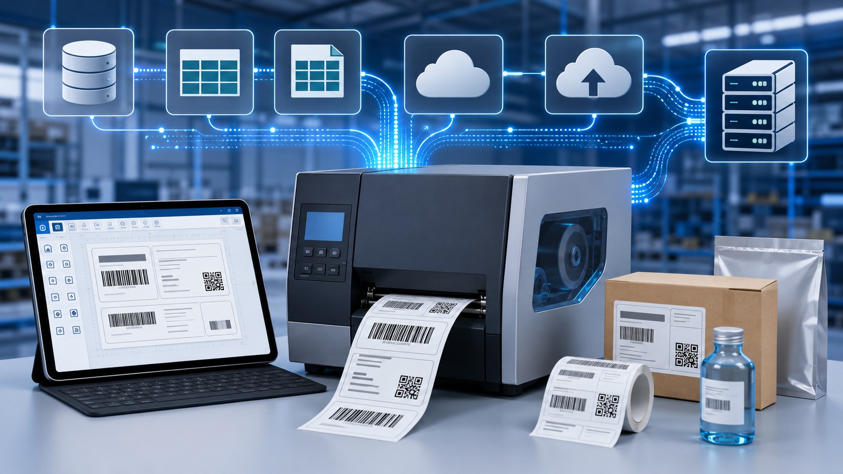 xPress3 industrial label printer printing barcode labels from live ERP data in a warehouse